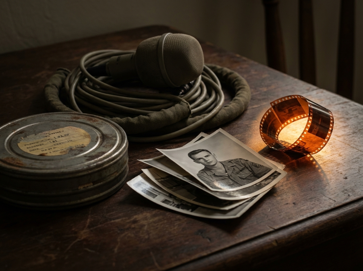 A moody, atmospheric shot of physical archival items (film, photos, audio gear) representing the content being preserved.