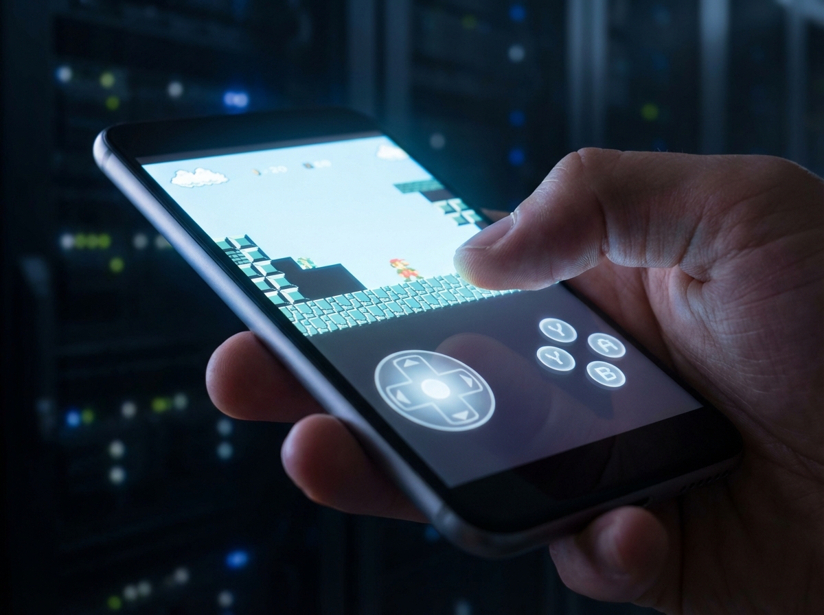 A smartphone screen running a retro game with a visible virtual joystick overlay, highlighting mobile compatibility.