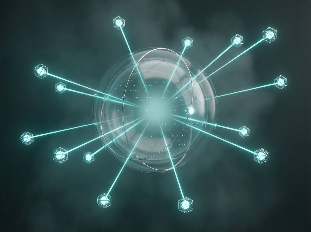 Illustrates the 'Technical Architecture' trade-offs, specifically the centralization of aggregation (the sphere) required to achieve global consistency in a decentralized network.