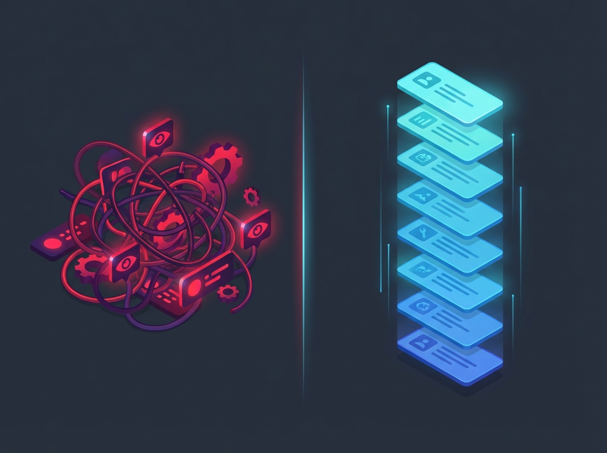 A split comparison showing the mess of algorithmic feeds versus the clean, chronological order of RSS.