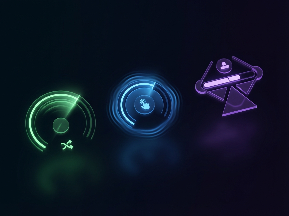 A visualization of the three Core Web Vitals metrics (Speed, Interactivity, Stability) as futuristic dashboard elements.
